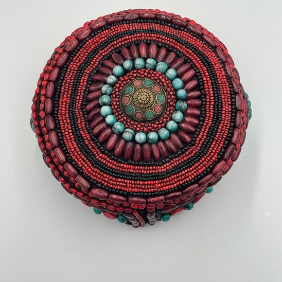 Tibetan Beaded Hat Ceremonial Headdress Red Coral Turquoise Black Colored Beads - Picture 5 of 6